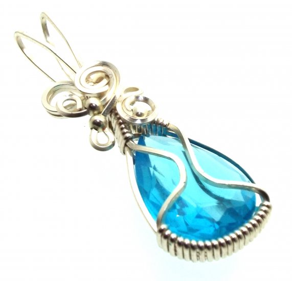 Blue Topaz Faceted Gemstone Sterling Silver Wire Wrapped Pendant 04