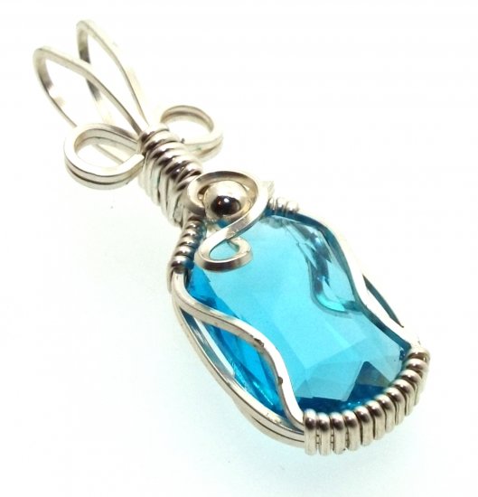 Blue Topaz Faceted Gemstone Sterling Silver Wire Wrapped Pendant 06