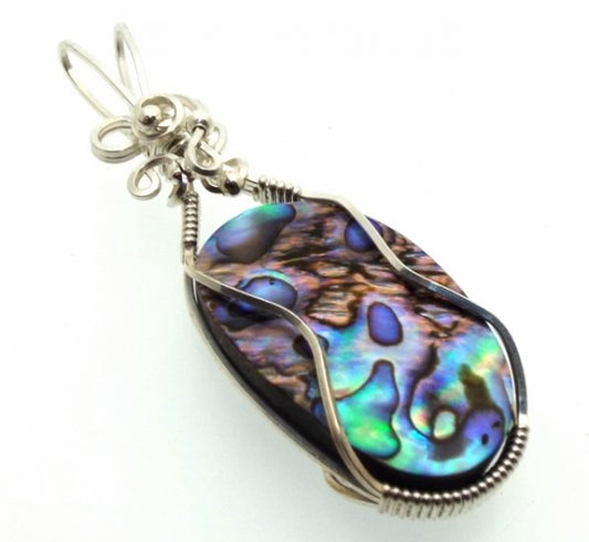 Paua Shell Silver Filled Wire Wrapped Pendant 01