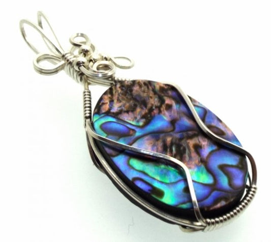 Paua Shell Silver Filled Wire Wrapped Pendant 06