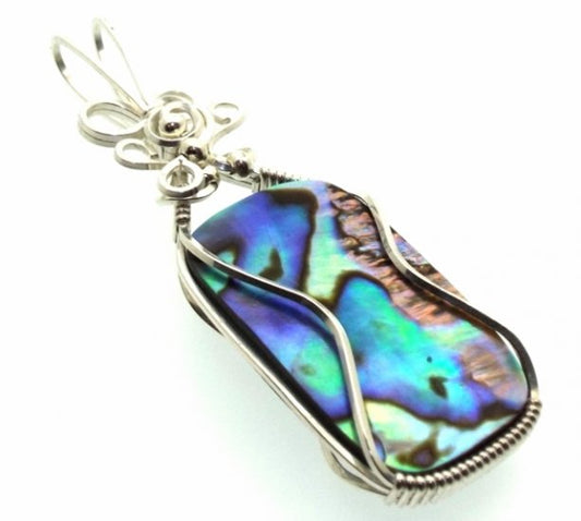 Paua Shell Silver Filled Wire Wrapped Pendant 09