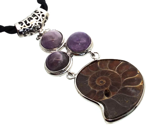 Ammonite Fossil and Amethyst Gemstone Pendant 01