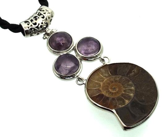 Ammonite Fossil and Amethyst Gemstone Pendant 02
