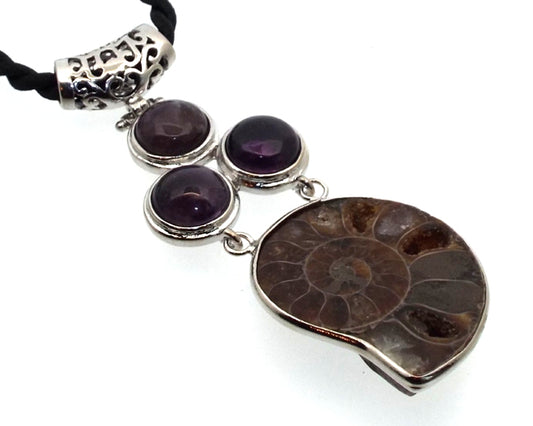 Ammonite Fossil and Amethyst Gemstone Pendant 03