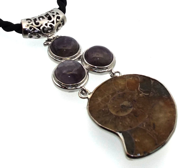 Ammonite Fossil and Amethyst Gemstone Pendant 04