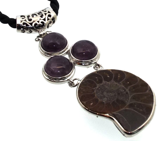 Ammonite Fossil and Amethyst Gemstone Pendant 05