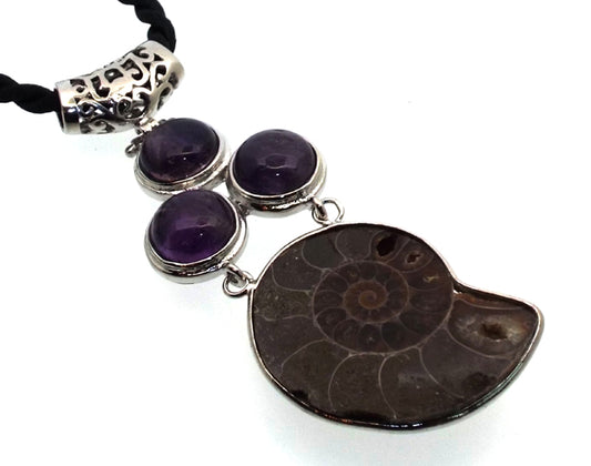 Ammonite Fossil and Amethyst Gemstone Pendant 06