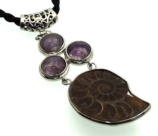 Ammonite Fossil and Amethyst Gemstone Pendant 08