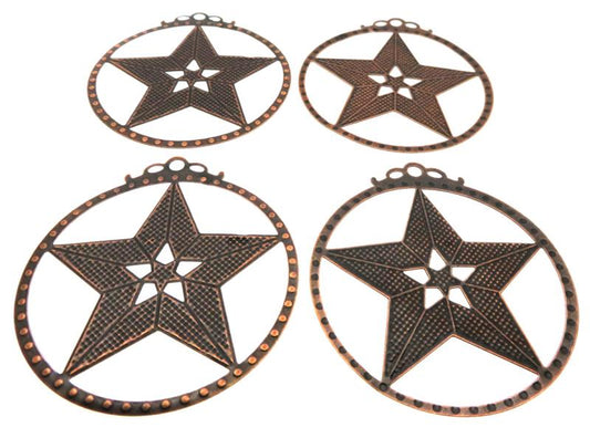 4x Brass Coloured Metal Five Pointed Star Charms