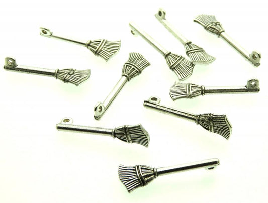 10x Silver Coloured Metal Witches Besom Broom Charms