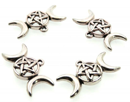 4x Silver Coloured Metal Triple Moon Goddess Charms