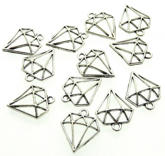 12x Silver Coloured Metal Geometric Diamond Charms