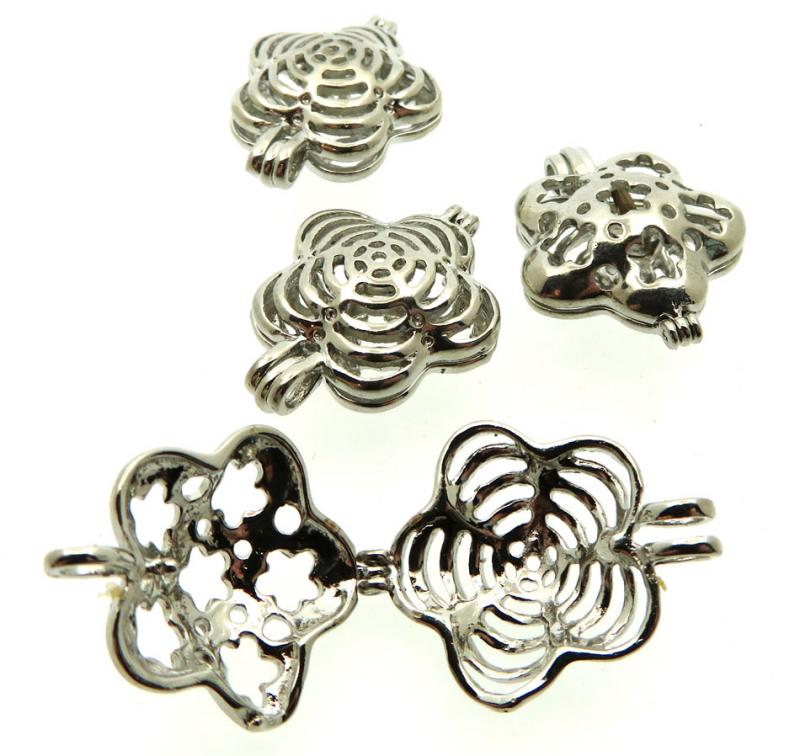 4x Silver Coloured Metal Flower Cage Charms