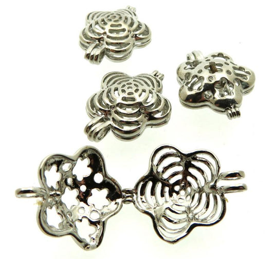 4x Silver Coloured Metal Flower Cage Charms