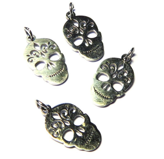 4x Silver Coloured Metal Candy Skull Charms