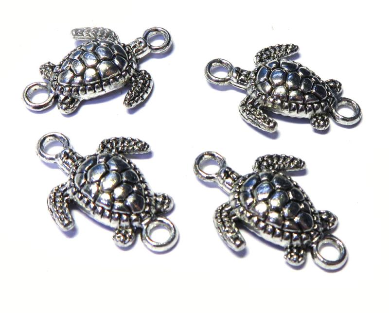 4x Silver Coloured Metal Turtle Connector Charms
