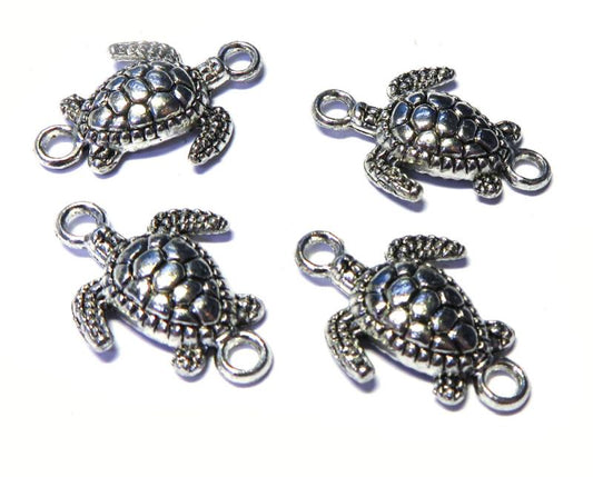 4x Silver Coloured Metal Turtle Connector Charms