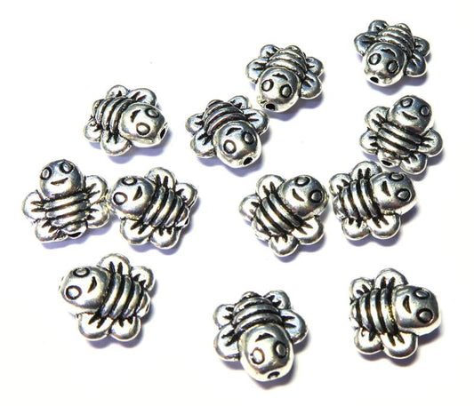 12x Silver Coloured Metal Happy Bee Charm Beads