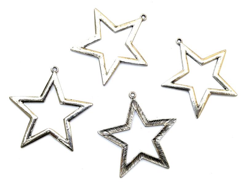 4x Silver Coloured Metal Large Star Charms