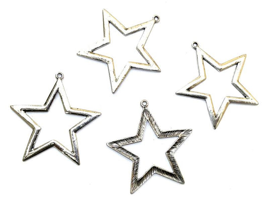 4x Silver Coloured Metal Large Star Charms