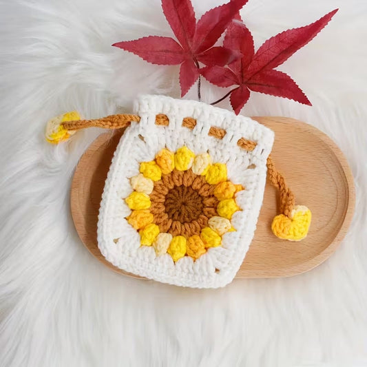 Sunflower Drawstring Crochet Pouch White