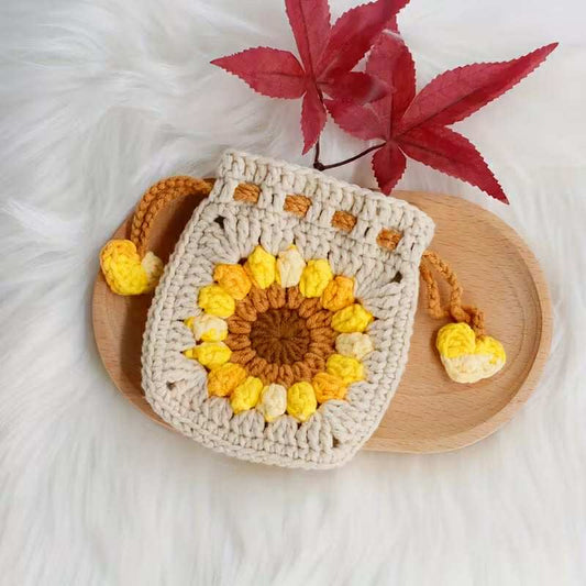 Sunflower Drawstring Crochet Pouch Beige
