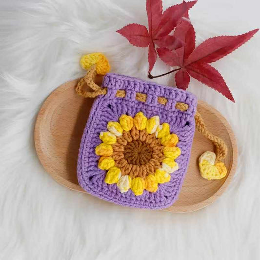 Sunflower Drawstring Crochet Pouch Purple