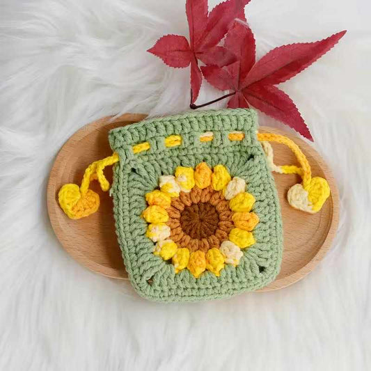 Sunflower Drawstring Crochet Pouch Matcha