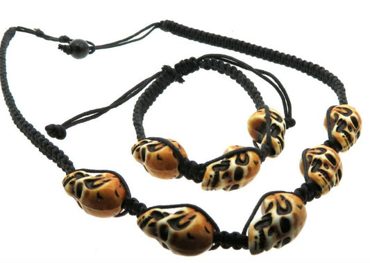 Orange Skull Bead adjustable Macrame Necklace and Bracelet Set