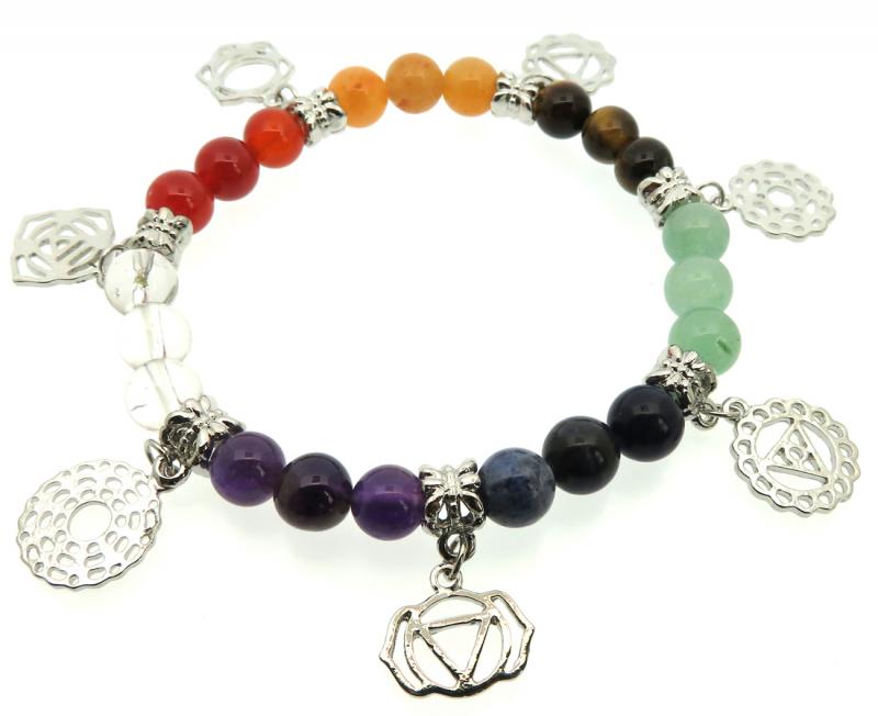 Chakra Symbol Gemstone Bead Elasticated Charm Bracelet
