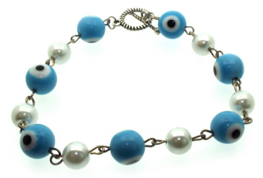 Light Blue Lampwork Evil Eye and Faux Pearl Bead Bracelet