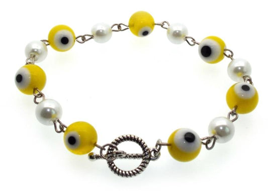 Yellow Lampwork Evil Eye and Faux Pearl Bead Bracelet