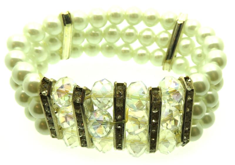 Triple Row Faux Pearl Bead and Crystal Bracelet