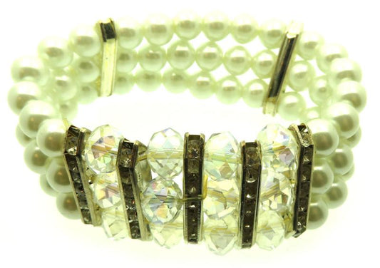 Triple Row Faux Pearl Bead and Crystal Bracelet