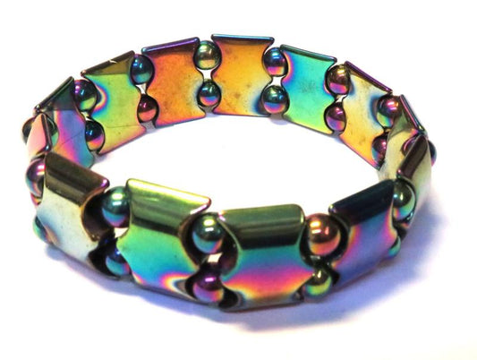 Flat and Round Titanium Hematite Bead Elasticated Bracelet
