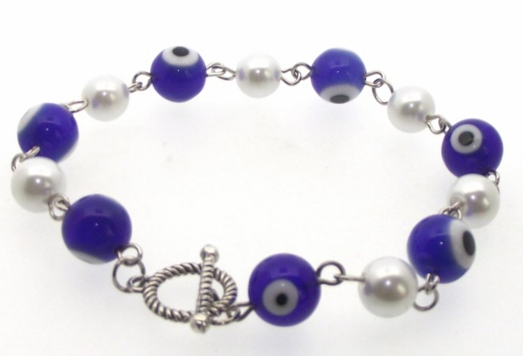 Dark Blue Lampwork Evil Eye and Faux Pearl Bead Bracelet