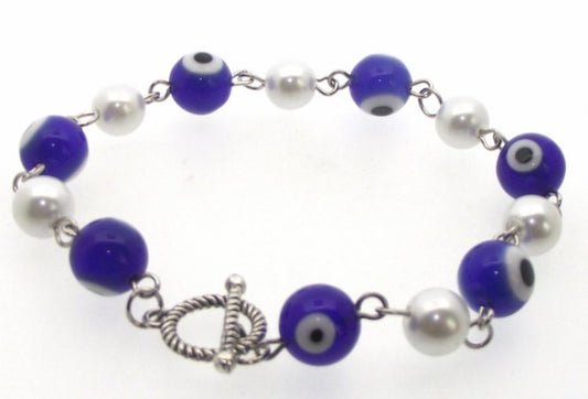 Dark Blue Lampwork Evil Eye and Faux Pearl Bead Bracelet