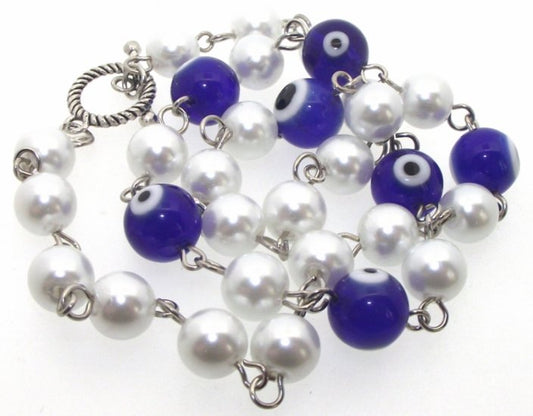 Dark Blue Lampwork Evil Eye and Faux Pearl Bead Necklace