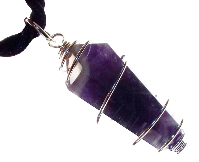 Chevron Amethyst Gemstone Double Terminated Spiral Cord Pendant