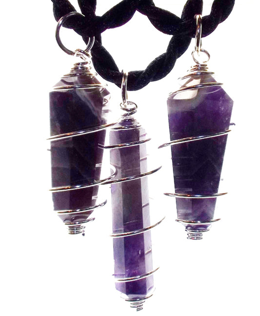 Chevron Amethyst Gemstone Double Terminated Spiral Cord Pendant