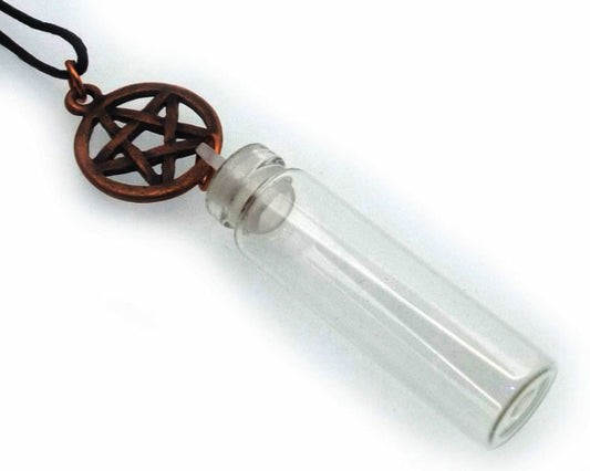 Copper Coloured Metal Pentacle Glass Bottle Pendant
