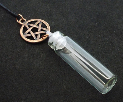 Copper Coloured Metal Pentacle Glass Bottle Pendant