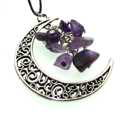 Silver Plated Crescent Moon Amethyst Chip Pendant