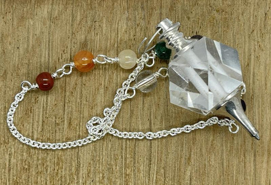 Clear Quartz Faceted Cube Chakra Pendulum
