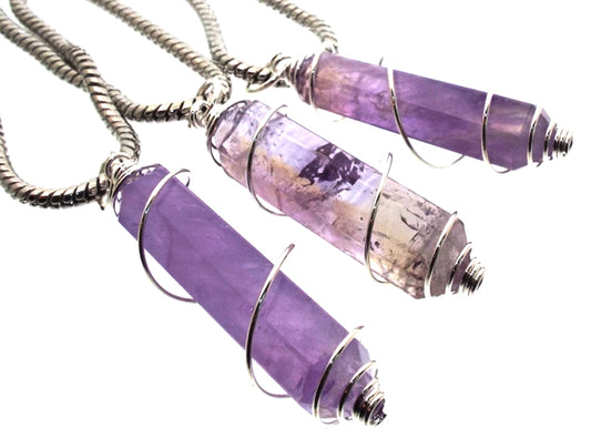 Amethyst Gemstone Double Terminated Wand Spiral Pendant