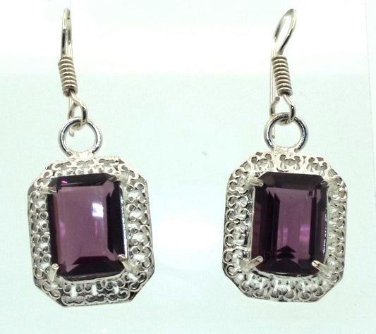 Amethyst Gemstone Indian Silver Fishhook Earrings
