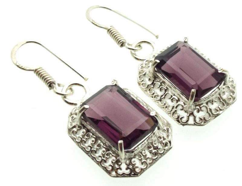 Amethyst Gemstone Indian Silver Fishhook Earrings