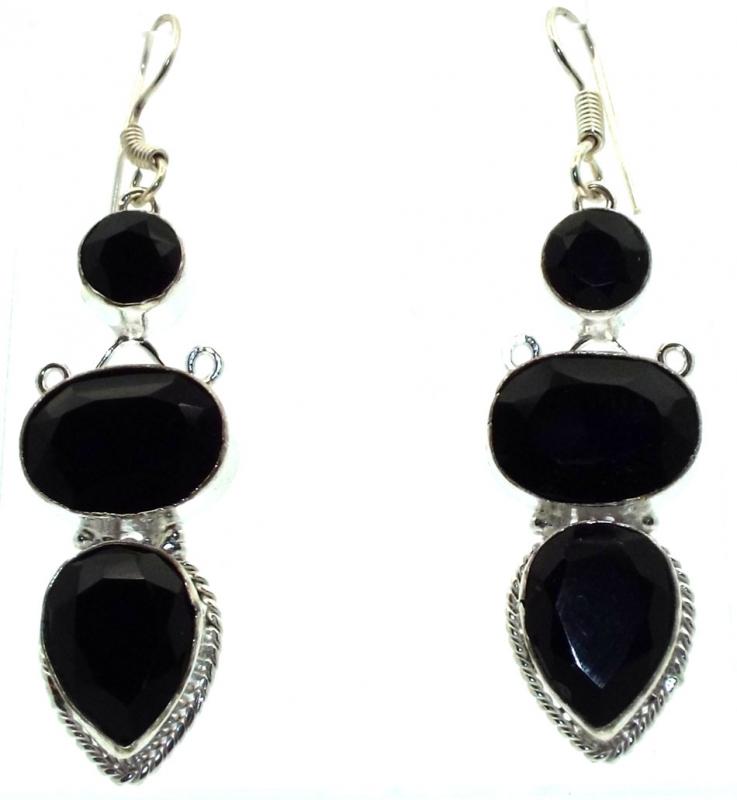 Black Obsidian Gemstone Indian Silver Fishhook Earrings 02