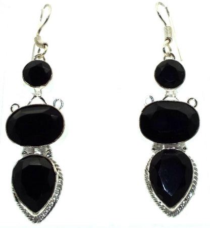 Black Obsidian Gemstone Indian Silver Fishhook Earrings 02