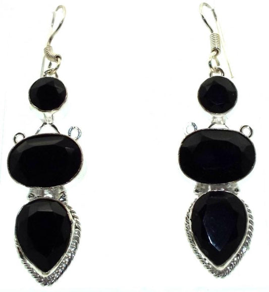 Black Obsidian Gemstone Indian Silver Fishhook Earrings 02